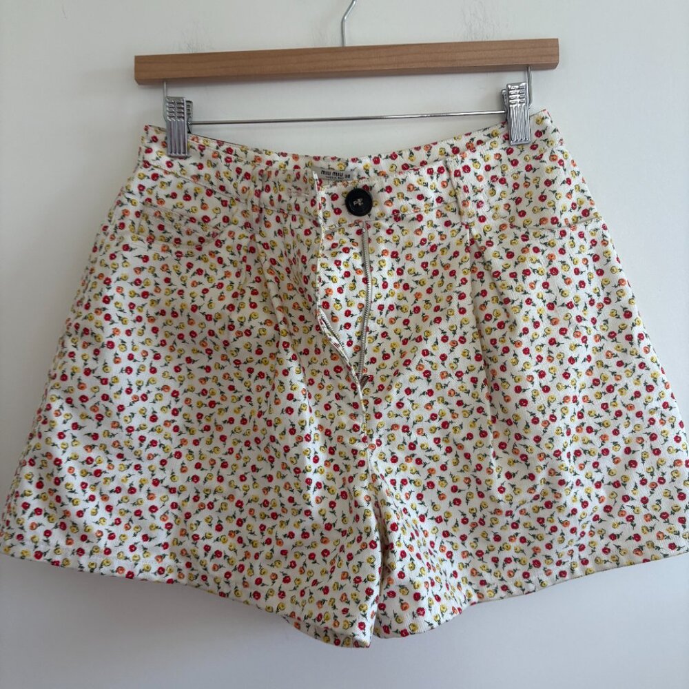 Miu Miu High Waisted Denim Floral Shorts - Picture 2 of 6